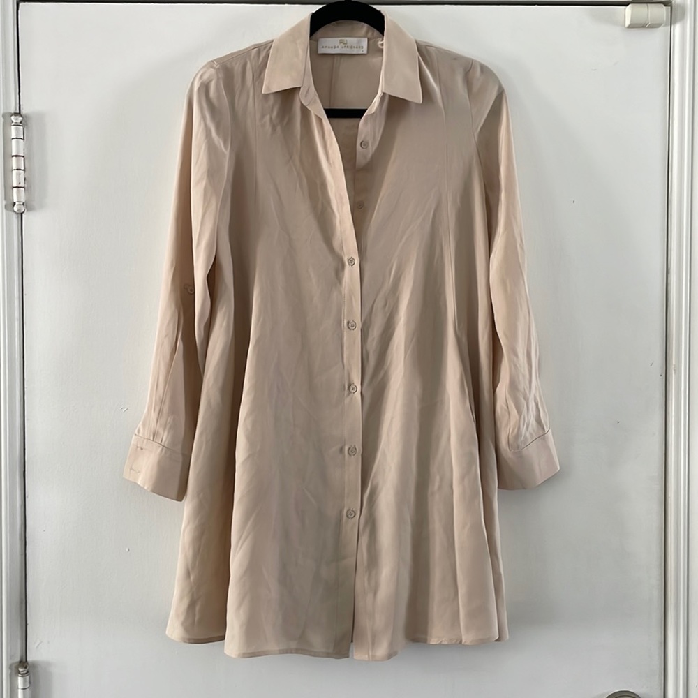 Amanda Uprichard Beige Long Sleeve 100% Silk Swing Mini Dress with Pockets | P
